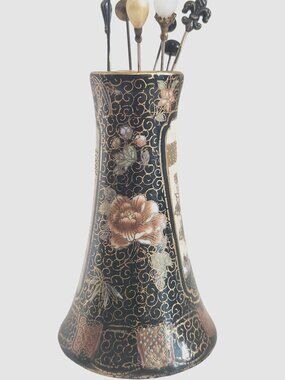 Nippon antique Satsuma Style Hat pin holder With 8 Antique Hatpins , Hand painte